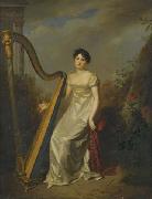 Portrait of a lady, wearing a white dress and seated beside a harp a landscape beyond